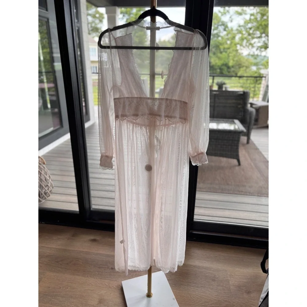 Chong mu Pink Sheer Mesh Lace Trim Maxi Robe Bridal Lingerie XL Long‎ Sleeve
